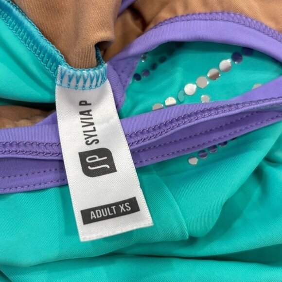 Sylvia P Aly XS Adult Teal & Purple Strappy Back Gymnastics Leotard With Sequins - Picture 4 of 4